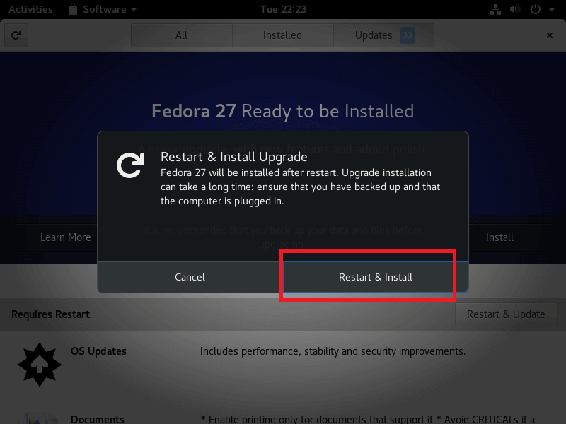 Upgrade Fedora 26 to Fedora 27 Workstation - Restart & Install