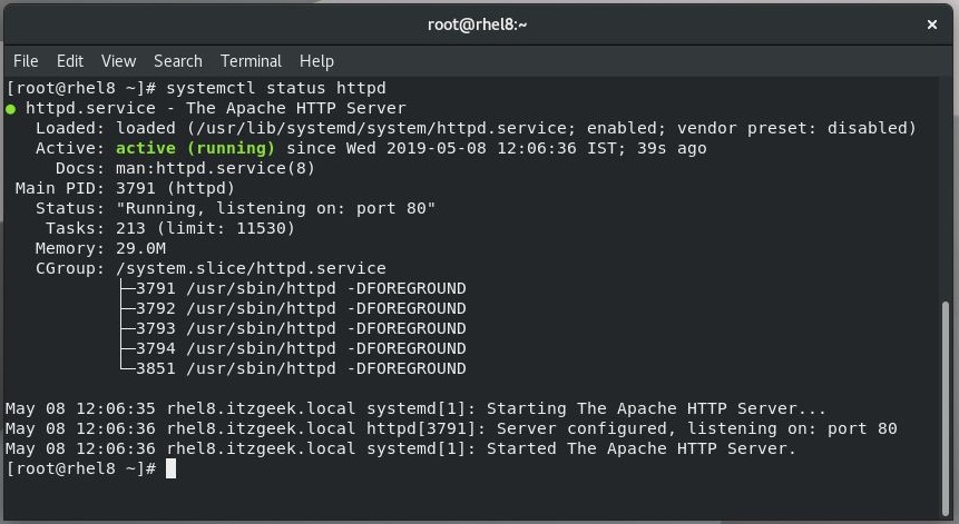 Install LAMP Stack On RHEL 8 - Apache Web Server Service Status
