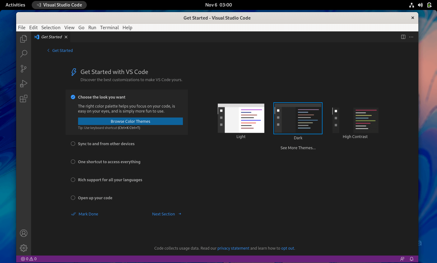 Visual Studio Code running on Fedora 35