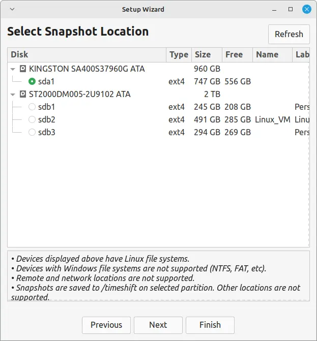 Choose Snapshot Location  How to Create a Timeshift Snapshot Before Upgrading Linux Mint 1730111699 949 How to Create a Timeshift Snapshot Before Upgrading Linux Mint